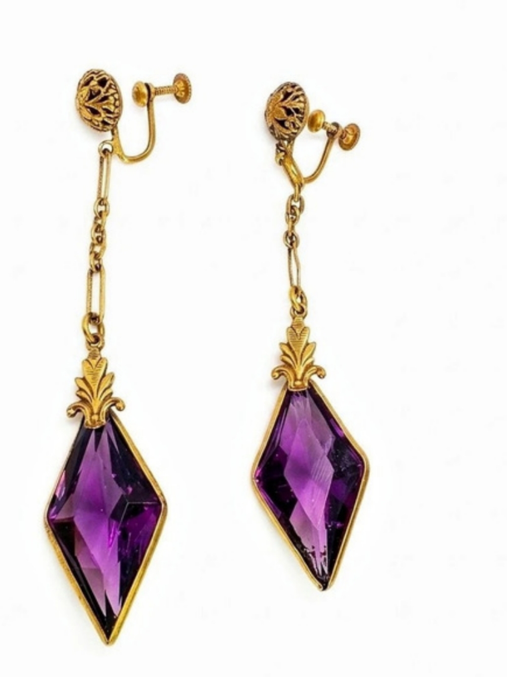 Antique 20s Art Deco Purple Glass Diamond Chandelier Dangle Earrings Screw Back